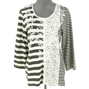Chicos Zenergy Top 2 Womens Large Stripe Gray White Embroidery Stretch Knit